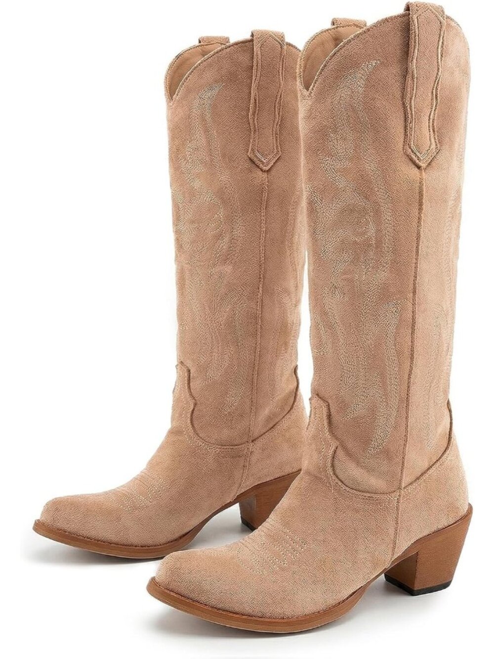 Women's Tan Mid Calf Cowboy Boots Western Pointed Toe Embroidered Heeled Boots